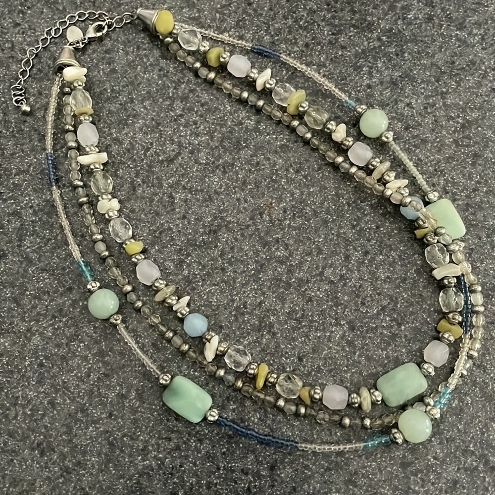 LIA SOPHIA retired triple strand blue green neutral Bead Necklace